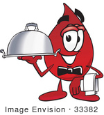 #33382 Clip Art Graphic Of A Transfusion Blood Droplet Mascot Cartoon Character Dressed As A Waiter And Holding A Serving Platter