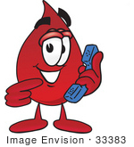 #33383 Clip Art Graphic Of A Transfusion Blood Droplet Mascot Cartoon Character Holding A Telephone
