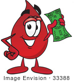 #33388 Clip Art Graphic Of A Transfusion Blood Droplet Mascot Cartoon Character Holding A Dollar Bill