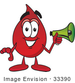 #33390 Clip Art Graphic Of A Transfusion Blood Droplet Mascot Cartoon Character Holding A Megaphone