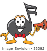 #33392 Clip Art Graphic Of A Semiquaver Music Note Mascot Cartoon Character Holding A Megaphone