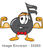 #33393 Clip Art Graphic Of A Semiquaver Music Note Mascot Cartoon Character Flexing His Arm Muscles