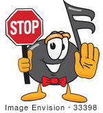 #33398 Clip Art Graphic Of A Semiquaver Music Note Mascot Cartoon Character Holding A Stop Sign