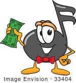 #33404 Clip Art Graphic Of A Semiquaver Music Note Mascot Cartoon Character Holding A Dollar Bill