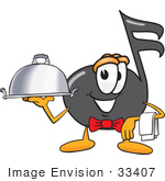 #33407 Clip Art Graphic Of A Semiquaver Music Note Mascot Cartoon Character Dressed As A Waiter And Holding A Serving Platter
