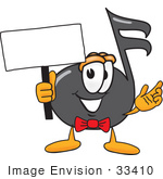 #33410 Clip Art Graphic Of A Semiquaver Music Note Mascot Cartoon Character Holding A Blank Sign
