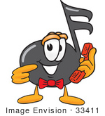 #33411 Clip Art Graphic Of A Semiquaver Music Note Mascot Cartoon Character Holding A Telephone