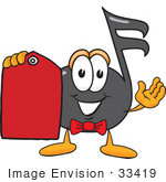 #33419 Clip Art Graphic Of A Semiquaver Music Note Mascot Cartoon Character Holding A Red Sales Price Tag