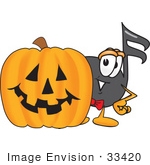 #33420 Clip Art Graphic Of A Semiquaver Music Note Mascot Cartoon Character With A Carved Halloween Pumpkin
