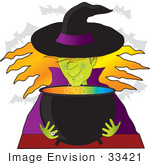 #33421 Clipart Of A Warty Female Witch With Green Skin Wearing A Black Hat With Purple Rim And Coat Looking At Her Colorful Cauldron Of Potion As Vampire Bats Fly Above