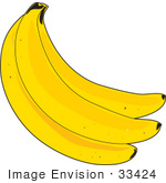 #33424 Clipart Of Three Bright Yellow Ripe Bananas In A Bunch