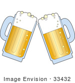 #33432 Clipart Of A Pair Of Beer Mugs With Froth Preparing To Toast