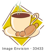 #33433 Clipart Of A Warm Croissant On A Saucer With A Steamy Cup Of Hot Coffee