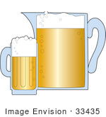 #33435 Clipart Of A Large Pitcher Of Beer Beside A Tall Mug Of Frothy Brew In A Bar