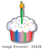 #33439 Clipart Of A First Birday Cupcake With Rainbow Paper Sprinkled Frosting And One Candle