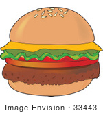 #33443 Clipart of a Sesame Seed Bun Hamburger With Cheddar Cheese by Maria Bell