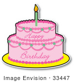 #33447 Clipart of a Pink Girl’s Birthday Cake With Two Layers And One Candle On Top by Maria Bell