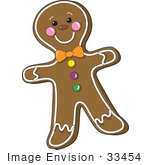 #33454 Clipart Of A Smiling Gingerbread Man With Frosted Accents A Bow And Candies