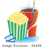 #33456 Clipart Of A Container Of Buttered Popcorn With Fizzy Soda And Two Movie Tickets