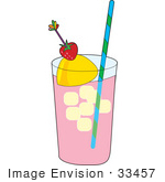 #33457 Clipart Of A Glass Of Strawberry Lemonade With Ice Cubes A Wedge Of Lemon And A Strawberry
