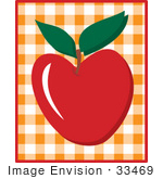 #33469 Clipart Of A Red Apple Over An Orange And White Checkered Background