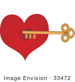 #33472 Clipart Of A Deep Red Heart Being Unlocked By A Skeleton Key