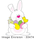 #33474 Clipart Of A Friendly Easter Bunny Chatting With A Baby Chick While Hiding Easter Eggs