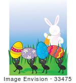 #33475 Clipart Of A Friendly Easter Bunny Waving To A Group Of Ants Carrying Away Colored Eggs