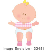 #33481 Clipart Of A Happy Baby Girl In A Diaper Pink Shoes And A Pink Checkered Shirt A Yellow Bow In Her Hair