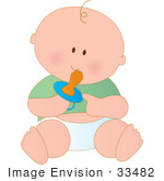 #33482 Clipart Of A Happy Baby Boy Sucking On A Pacifier And Sitting On The Floor In A Diaper And Green Shirt