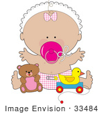 #33484 Clipart Of A Baby Girl In A Bonnet Wearing A Pink Bow And Diaper Sucking On A Pacifier And Playing With Toys In A Nursery