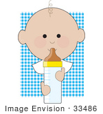 #33486 Clipart Of A Baby Boy With One Curly Hair Drinking From A Bottle Against A Blue Checkered Background