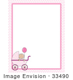 #33490 Clipart Of A Baby Girl In A Pink Carriage, Holding Onto A Balloon, In The Lower Left Corner Of A Stationery Border by Maria Bell