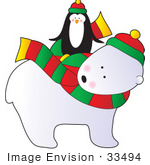 #33494 Christmas Clipart Of A Cute Penguin Riding On The Back Of A Friendly Polar Bear Wearing A Scarf