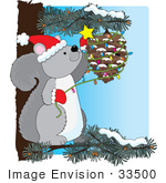 #33500 Christmas Clipart Of A Festive Gray Squirrel In A Pine Tree Decorating A Cone Just Like Humans Decorate A Tree