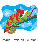 #33502 Christmas Clipart Of A Festive Green Chameleon Lizard With Red Stripes Matching His Santa Hat Catching Snowflakes While Resting On A Branch