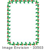 #33503 Christmas Clipart Of A Stationery Border Of Green Holly Leaves And Red Berry Clusters by Maria Bell