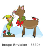 #33504 Christmas Clipart Of A Red Cardinal Bird Resting On The Back Of Rudolph As An Elf Shines His Nose