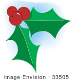 #33505 Christmas Clipart Of Three Red Berries And Two Green Holly Leaves