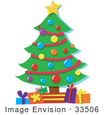 #33506 Christmas Clipart Of A Star On Top Of A Christmas Tree Decorated In Baubles And Garlands And Gifts Underneath It