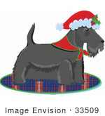 #33509 Christmas Clipart Of A Festive Scottish Terrier Dog Wearing A Santa Hat With Holly