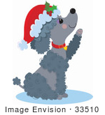 #33510 Christmas Clipart Of A Cute Poodle Puppy Lifting Her Paw And Wearing A Santa Hat