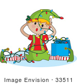 #33511 Christmas Clipart Of An Annoyed Elf Tangled In Christmas Lights After Falling And Doing The Splits