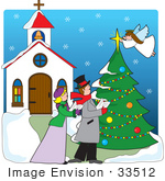 #33512 Christmas Clipart Of A Man And Woman Singing Otuside A Church While An Angel Topps A Christmas Tree With A Star