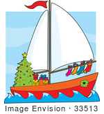 #33513 Christmas Clipart Of A Festive Sailor’s Boat With A Christmas Tree, Gifts, Wreath And Stocking, Sailing At Sea by Maria Bell