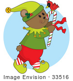 #33516 Christmas Clipart Of A Gentle Bear Elf Carrying A Red Cardinal Bird On Top Of A Candy Cane
