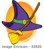 #33520 Clipart Of A Pointy Purple Witch Hat And Broom