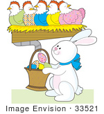 #33521 Clipart Of An Easter Bunny Collecting Eggs From A Chut Under Colorful Hens