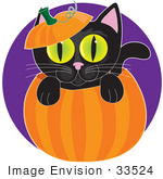 #33524 Clipart Of A Black Cat With Yellow Eyes Climbing Out Of A Pumpkin