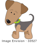 #33527 Clip Art Graphic Of A Curious Waterside Terrier Puppy Dog Wearing A Green Collar And Tilting Its Head Curiously